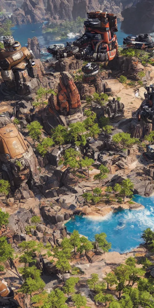Image similar to Octane from apex Legends in the Center in the foreground with a Dschungel Island Landscape, hyperrealistic, high Detail, best Shadow quality