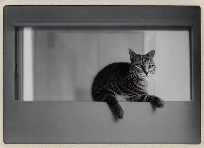 Image similar to photography polaroid of a Jack Cat . watching outside the window. on a bed. in a 70's room full of vinyls and posters, photorealistic, award winning photo, 100mm, sharp, high res