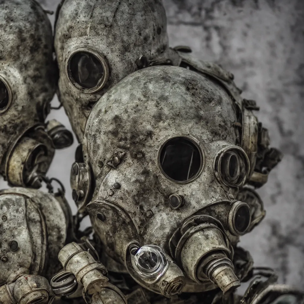 Image similar to high pollution, pripyat, chernobyl, close up gas masks, soviet brutalism, dieselpunk, industrial, very detailed, diesel, 4 k