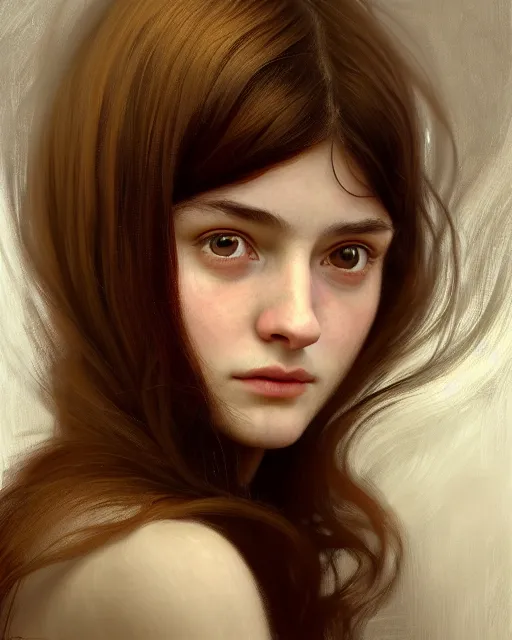 Image similar to !dream portrait of a welsh teenage girl with brown hair, glowing skin, delicate features, quiet beauty, amelie poulain, elfin beauty, fantasy, intricate, elegant, dress shirt, highly detailed, digital painting, artstation, concept art, smooth, sharp focus, illustration, art by Krenz Cushart and Artem Demura and alphonse mucha