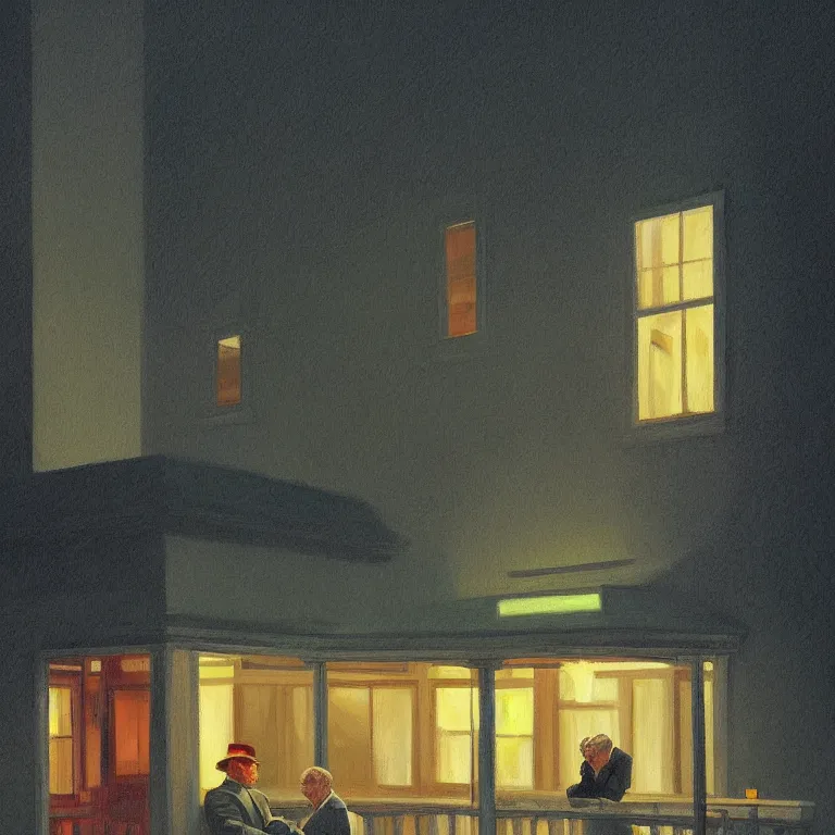 Image similar to a storybook illustration of anthony hopkins smoking at night, fireflies, quiet night scene painted by Edward Hopper masterpiece, intricate, elegant, fantasy, highly detailed, digital painting, concept art, sharp focus, artstation