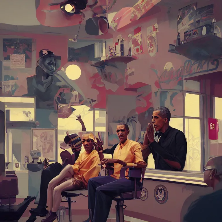 Image similar to tritone 1 9 6 0 s concept illustration portrait of nicki minaj sitting next to barack obama in a barbershop. cinematic scene. volumetric lighting. golden ratio accidental renaissance. by sachin teng and sergey kolesov and ruan jia and heng z. graffiti art, scifi, fantasy, hyper detailed. octane render. concept art. trending on artstation.