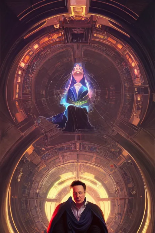 Prompt: elon musk as wizard of science and technology, wizards robes, realistic portrait, symmetrical, highly detailed, digital painting, artstation, concept art, smooth, sharp focus, illustration, cinematic lighting, art by artgerm and greg rutkowski and alphonse mucha