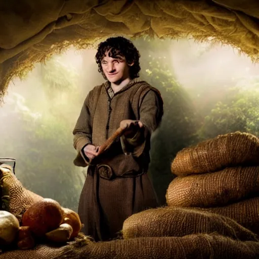 Image similar to frodo from lord of the rings in a burlap sack of overflowing with potatoes, photography, realistic, mid shot, in his hobbit home, cinematic lighting