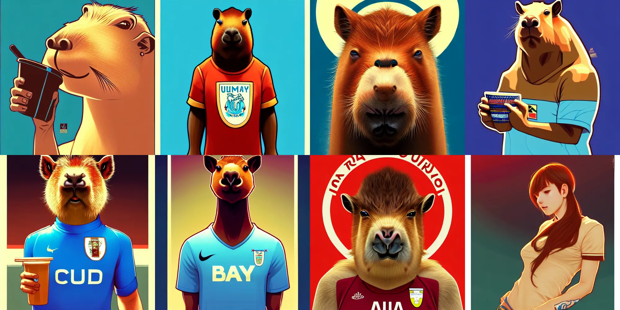 Prompt: Capybara sipping MATE wearing uruguay FC shirt, highly detailed, digital painting, artstation, concept art, smooth, sharp focus, illustration, art by artgerm and alphonse mucha, high definition digital art, in the style of Ross tran and ilya kuvshinov