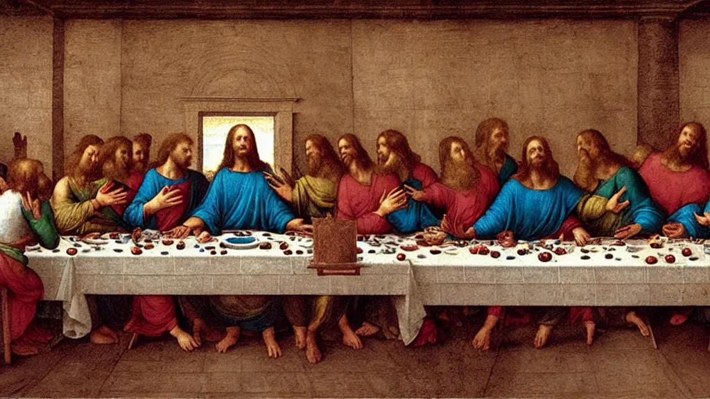 Prompt: 'Boris Johnson'!!!!!!!!!! in the ((last supper)) by Leonardo, there is a party in the background and face masks on the table