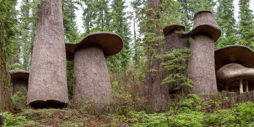 Image similar to large tower residence made from an enormous mushroom, washington state