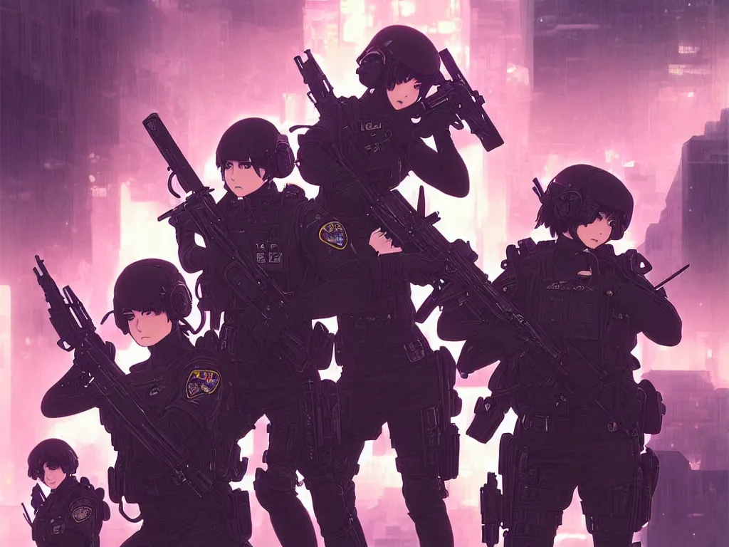 Image similar to anime key visual of a team of multiple female swat officer ready to attack, neon, cyberpunk, futuristic, stunning, highly detailed, digital painting, smooth, soft focus, illustration, movie poster, japanese typography, digital art from artstation by artgerm and greg rutkowski and alphonse mucha