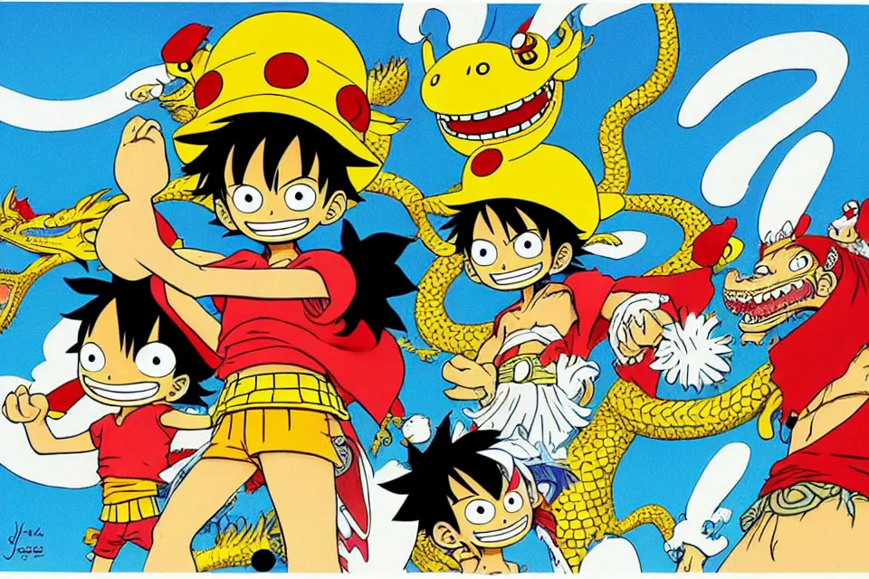 Image similar to concept sketches of luffy wearing a gold crown riding a large dragon by jamie hewlett, in the style of megaman, micro detail, disney