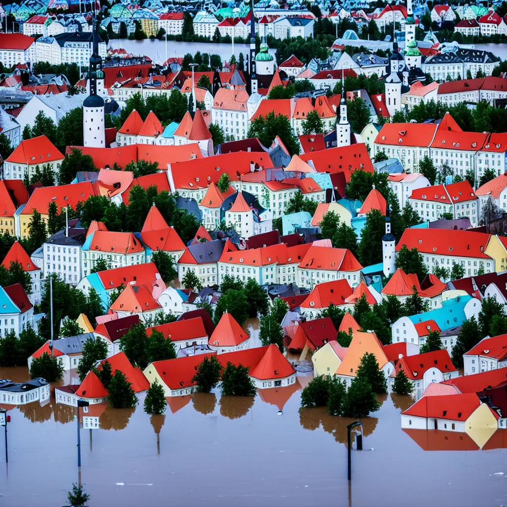 Image similar to Tallinn, capital of estonia, suffering from floods from the sea due to climate change in the year 2100, the citizens of Tallinn are shocked, street photography, ultra detailed, 40mm focal lense, flash at noon, 8k,