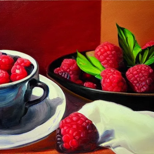 Prompt: an oil painting of a glass cup of coffee next to a dish filled with raspberries and blackberries, trippy colors