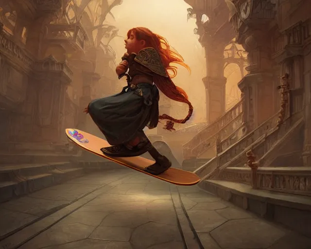 Image similar to skateboarding floor is lava, deep focus, d & d, fantasy, intricate, elegant, highly detailed, digital painting, artstation, concept art, matte, sharp focus, illustration, hearthstone, art by artgerm and greg rutkowski and alphonse mucha