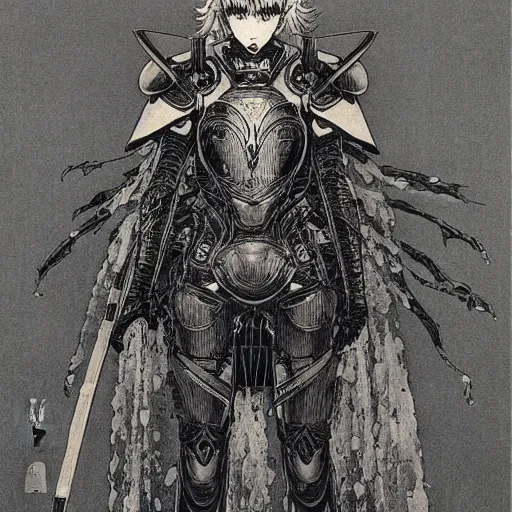 Image similar to prompt : black and white portrait soft light painted by takato yamamoto, black knight armor, inspired by ghost in shell anime, smooth face feature, intricate oil painting, high detail, sharp high detail, manga and anime 1 9 8 0