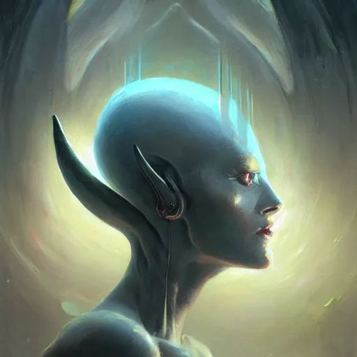 Prompt: an acrylic on canvas portrait painting of a beautiful alien priestess by Greg Rutkowski, Artgerm and Beksinski. Epic fantasy background. Trending on ArtStation