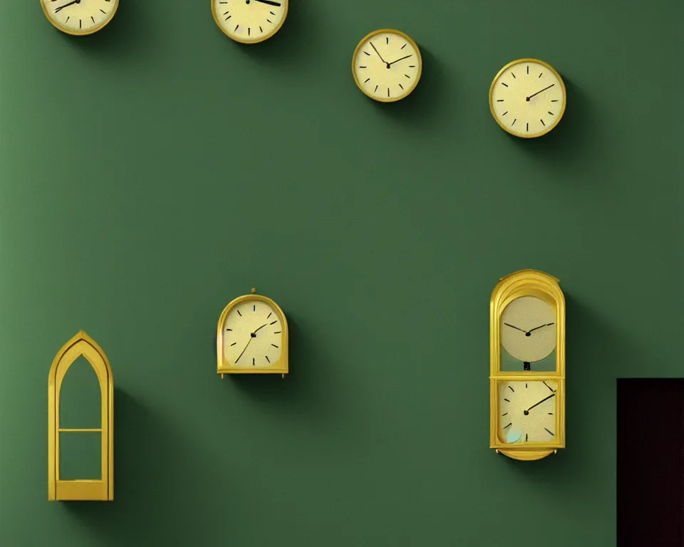 Prompt: an achingly beautiful print of modern gold clocks on a dark green wall by Raphael, Hopper, and Rene Magritte. detailed, romantic, enchanting, trending on artstation.