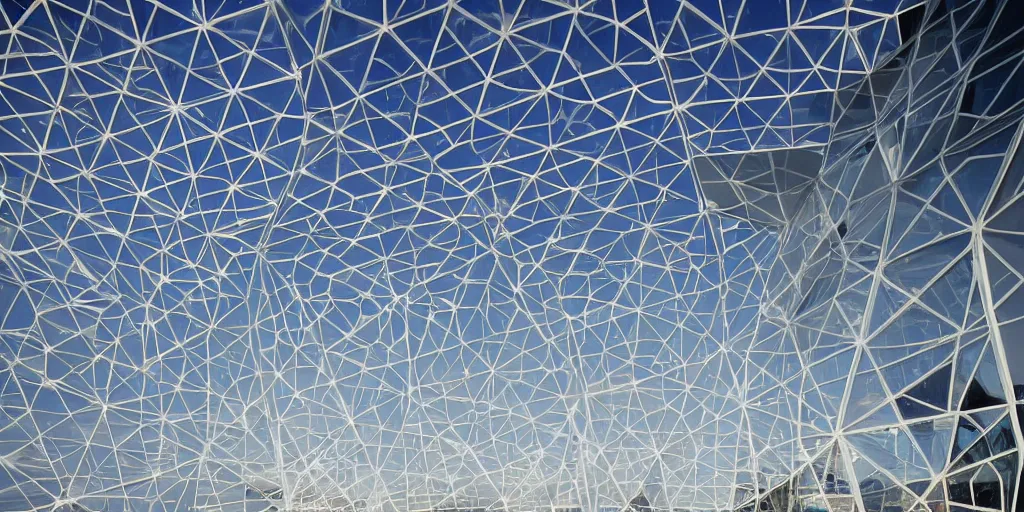 Prompt: futuristic translucent mosque exterior shadows, complex, detailed, clear skies, reflective, pearlescent, white panels, glass, geodesic, architecture by Buckminster Fuller and photo by Nick Hufton and Allan Crow