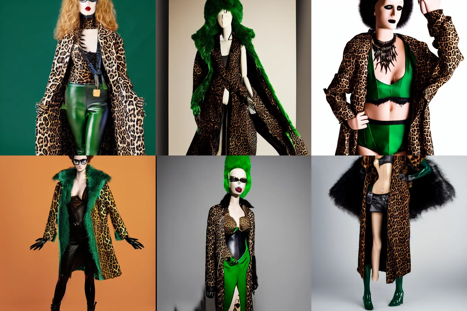 Prompt: photograph of female mannequin wearing a Long Leopard coat with black leather spikes and green lace , studio lighting