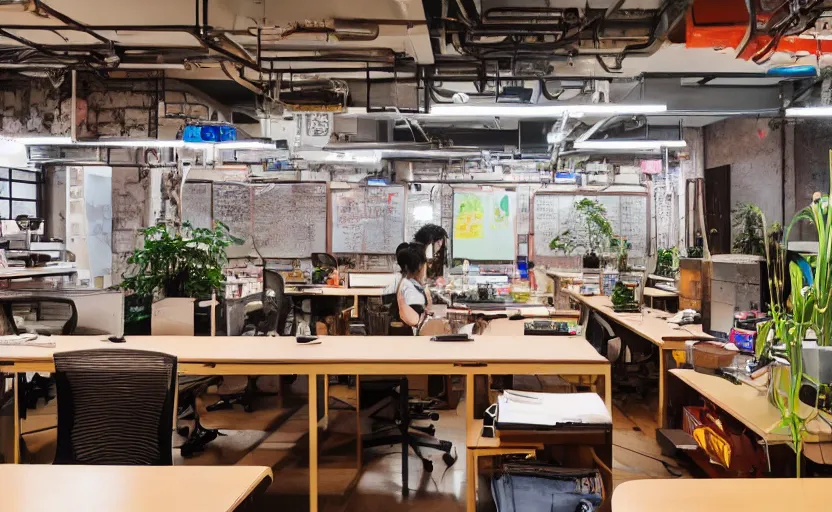 Image similar to Maximalist Japanese work space interior, multiple desks, cupboards, old brick walls, concrete, neon signs, plants, cyberpunk, large windows, Akihabara style