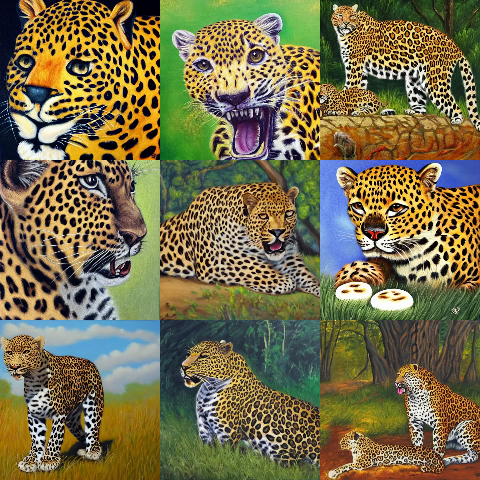 Prompt: leopard licking marshmellow, oil painting, safari background