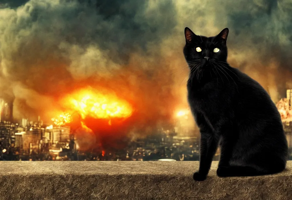 Prompt: old manwith black cat watching nuke explosion cinematic, background blur bokeh, world ending nuke, 4 k
