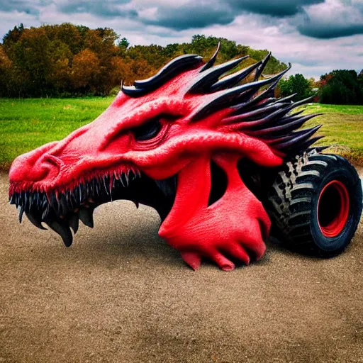 Prompt: A red dragon head as a monster truck