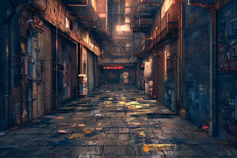Prompt: an alleyway in a gritty cyberpunk city made of computer chips. the buildings along the alleyway are capacitors and processing chips. the pavement is a pcb. cinematic lighting. octane render. 4 k