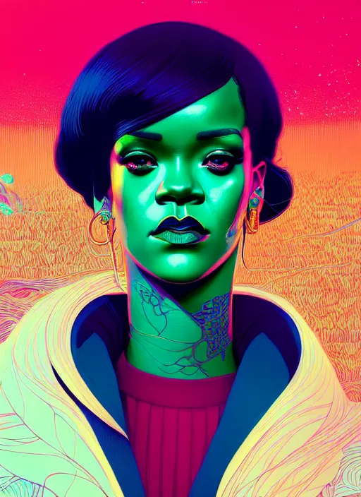 Prompt: portrait of rihanna, artstation winner by victo ngai, kilian eng and by jake parker, by conrad roset, swirly vibrant color lines, winning award masterpiece, fantastically gaudy, aesthetic octane render, 8 k hd resolution