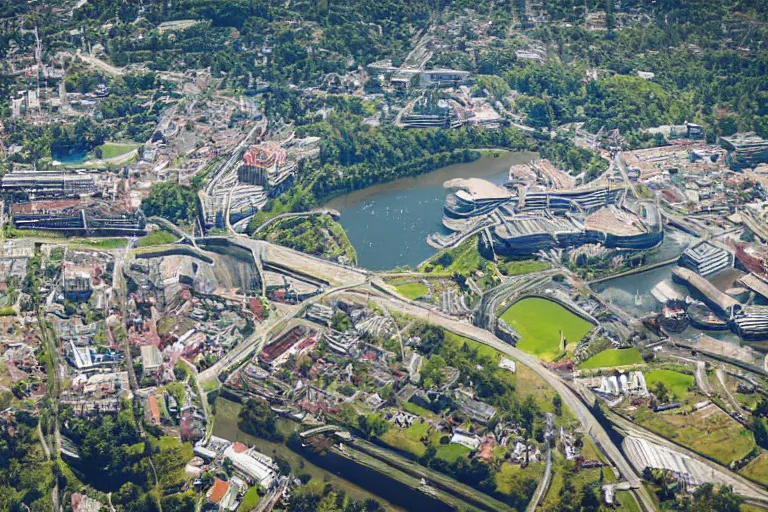 Image similar to bird's eye view photography of a small city. town hall, central farm, monorail station, inlet and shipping dock. hills, woods and pond to the north.