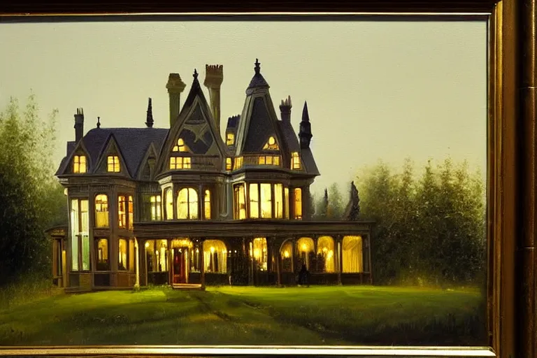 Image similar to a beautiful painting of a victorian house with bay windows, and a tower at night, very detailed by samuel and joseph newsom, harry potter