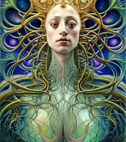 Image similar to detailed realistic iridescent beautiful young cher cyber alien queen of mandelbulb portrait by jean delville, gustave dore and marco mazzoni, art nouveau, symbolist, visionary, baroque. horizontal symmetry by zdzisław beksinski, iris van herpen, raymond swanland and alphonse mucha. highly detailed, hyper - real, beautiful