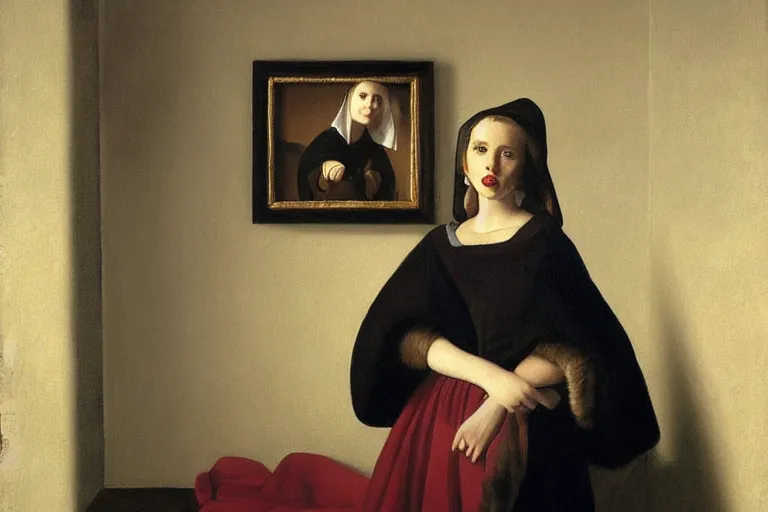 Prompt: beautiful portrait of scarlett johansson painted by vermeer