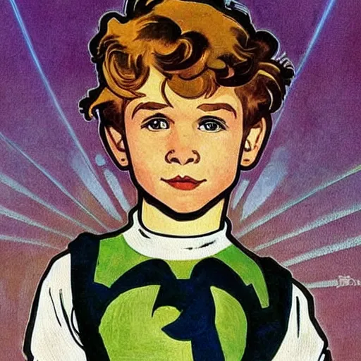 Image similar to a cute little boy with a mischievous face and ginger hair. he is dressed as a superhero. well composed, clean elegant painting, beautiful detailed face. painting by steve ditko and jack kirby and ( alphonse mucha )