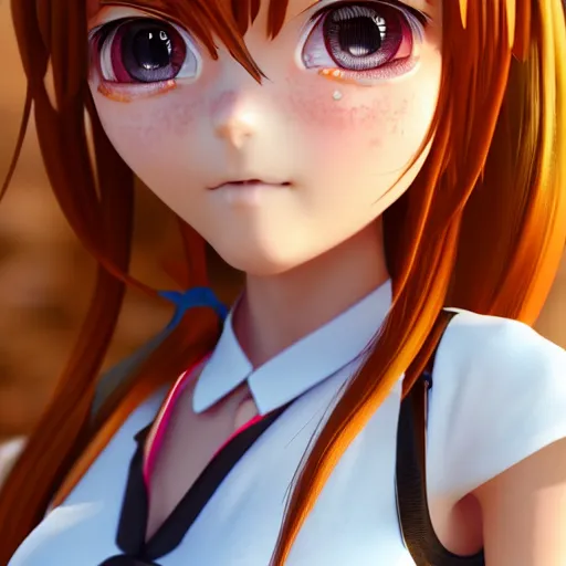 Image similar to Render of a very beautiful 3d anime girl, long hair, hazel eyes, cute freckles, full round face, school girl, short smile, cute sundress, golden hour, medium shot, mid-shot, highly detailed, trending on Artstation, Unreal Engine 4k