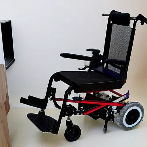 Prompt: a cyberpunk electric wheelchair equipped with a computer shelf that can be moved to work