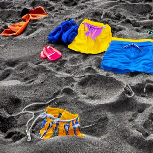 Prompt: a closeup photorealistic photograph of wet clothes drying on the beach, fantastic four theme. bright scene. fine detail. this 4 k hd image is trending on artstation, featured on behance, well - rendered, extra crisp, features intricate detail, epic composition and the style of unreal engine.