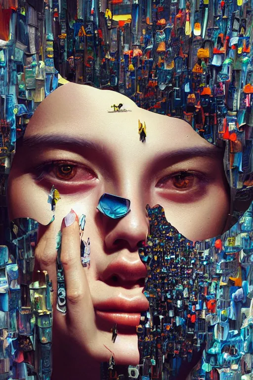 Image similar to 3 d, close - up, happy fashion model, plastic, poster art, intricate oil painting, high detail, figurative art, multiple exposure, poster art, 3 d, by stanley kubrick and tooth wu and wlop and beeple