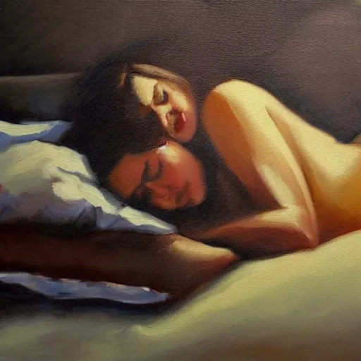 Prompt: lady with brown hair can't sleep because husband in is snoring in bed, expressive oil painting