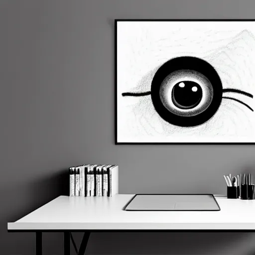 Image similar to a drawing of three huge eyes floating over a mountain, black and white, vintage poster, film grain