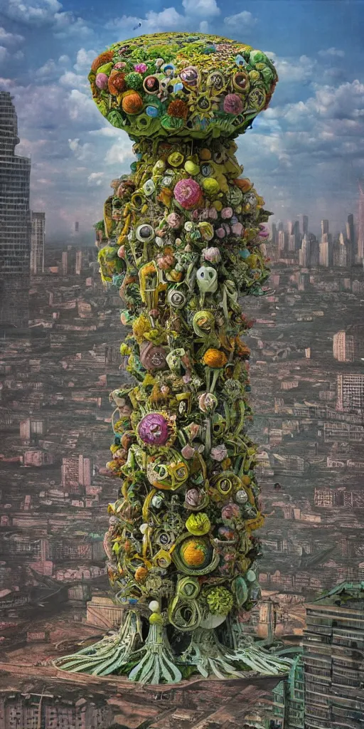 Image similar to colossal psyhedelic alien flower made from worst mankind ideas in the middle of abandoned post soviet constructivist cityscape, Stalinist architecture, ultradetailed, Intricate by Hayao Miyazaki and Josan Gonzalez and Giuseppe Arcimboldo and Wes Anderson and H.R. Giger