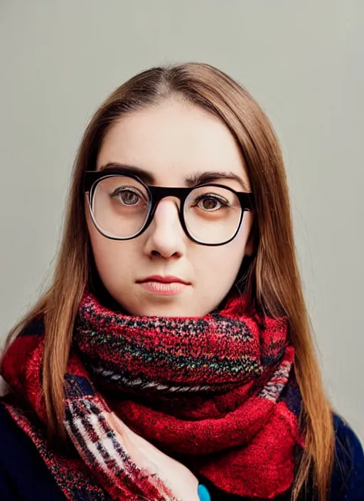 Prompt: portrait of a 2 3 year old woman, eyewear, symmetrical face, scarf, she has the beautiful calm face of her mother, slightly smiling, ambient light