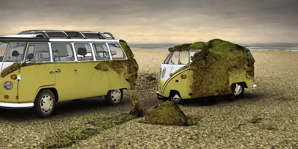 Image similar to dessert where a vw campervan is sinking in the sand and covered with moss corroding ,digital art, high detail, hyper realistic,