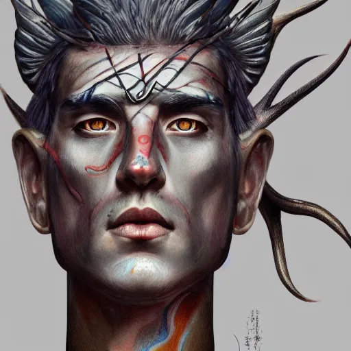 Prompt: Dramatic portraiture of Uuen, the Pictish god of stags, mixed media, trending on ArtStation, by Jim Valentino and ArtGerm and Lucian Freud, luminism