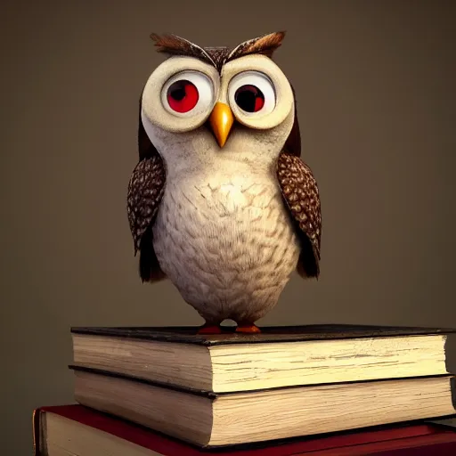 Prompt: long shot of a very cute plushy owl with eyelids half closed sitting on a pile of antique books, by esao andrews, by pixar, humorous illustration, hyperrealistic, big depth of field, fresh colors, dim light, 3 d octane render conceptart, 4 k, hyperdetailed, trending on artstation