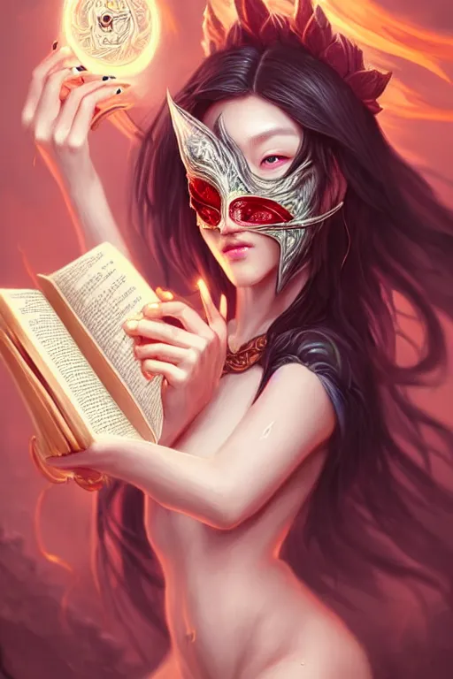 Prompt: gorgeous!!! hyper - realstic sorceress with a kitsune mask, holding a tattered magical book, casting a spell | drawn by wlop, drawn by jeehyung lee, drawn by artgerm | fantasy, intricate, highly detailed, digital painting, character design, concept art, illustration, artstation