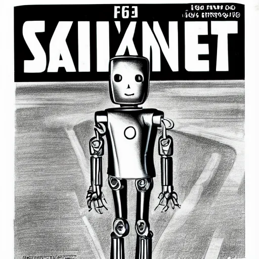 Image similar to “a drawing of a skinny silver humanoid robot preparing for a race on a race track, wide shot, midday, on the cover of a 1970s science fiction magazine”