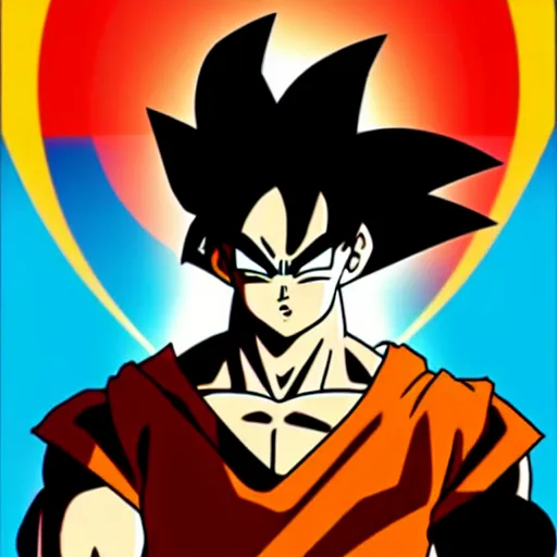 Image similar to poster of goku's silhouette with a sun in the background, simple style, all flat colors and shapes, character art, sharp focus, highly detailed, artstation
