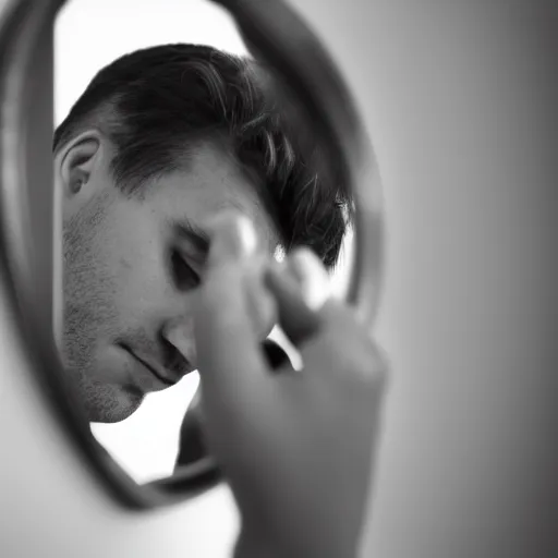 Prompt: professional direct photograph of a man examining his face in the mirror