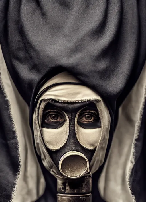 Image similar to closeup portrait of a gothic nun wearing a gas mask, depth of field, zeiss lens, detailed, symmetrical, centered, fashion photoshoot, by Annie Leibovitz and Steve McCurry, David Lazar, Jimmy Nelsson, Breathtaking, 8k resolution, extremely detailed, beautiful, establishing shot, artistic, hyperrealistic, beautiful face, octane render