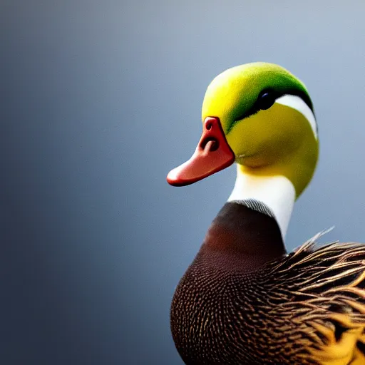 Image similar to A high detail closeup shot of a duck wearing a suit