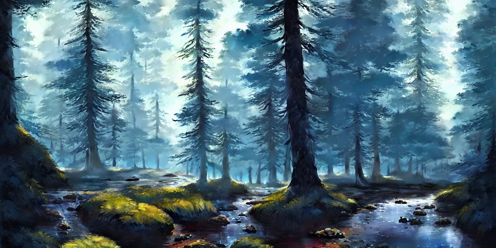 Prompt: flat landscape of a pine forest with a small stream, blue sky, detailed, concept art, high detail, realistic, warm lighting, volumetric, godrays, vivid, artstation, digital painting by jordan grimmer and greg rutkowski